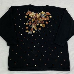 Vintage 90s Ugly Christmas Sweater black Gold Sequin Floral